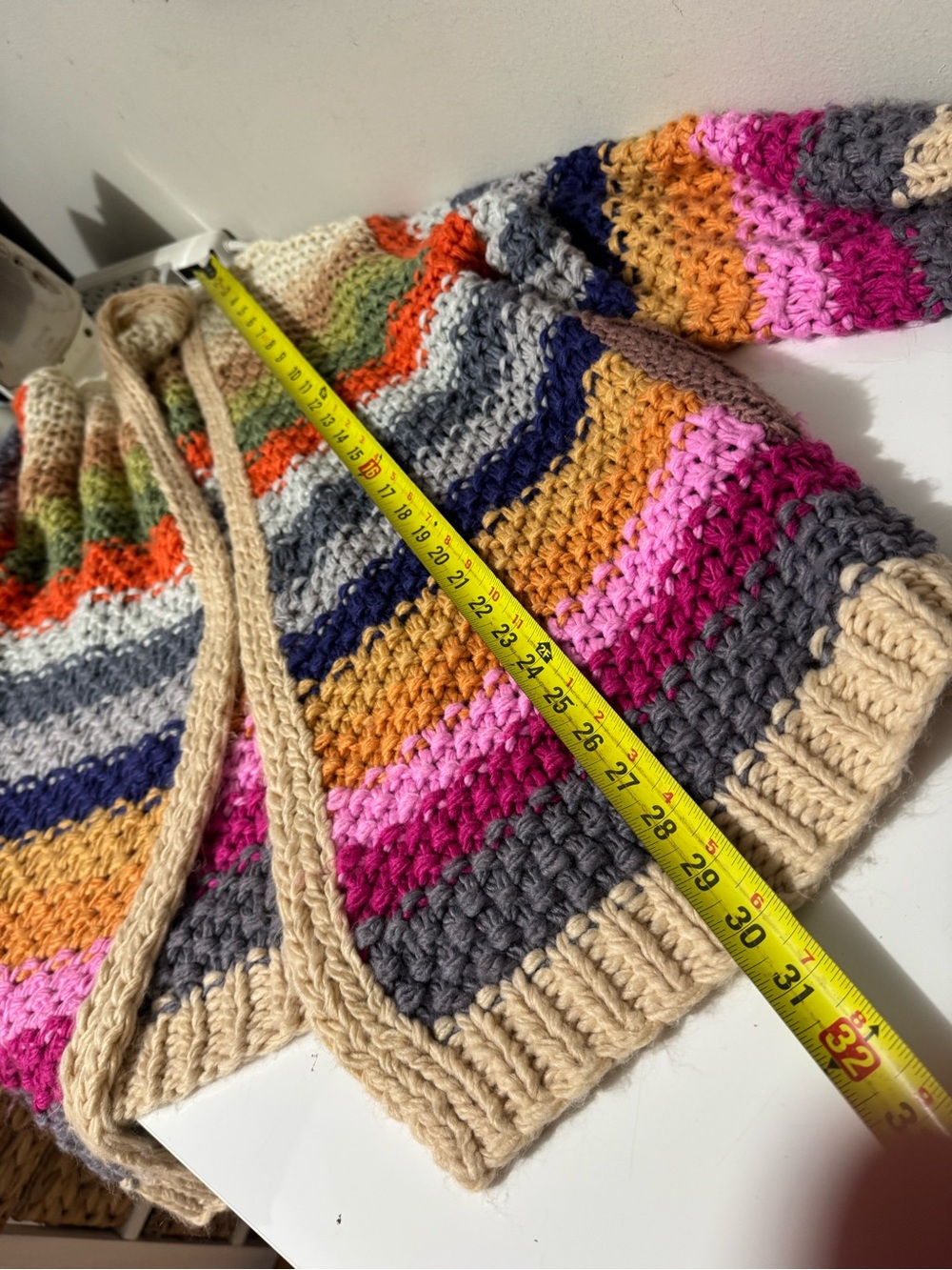 Listicle crochet, retro whimsy Cream Open-Knit Cardigan with Multicolor Stripes - Picture 4 of 4